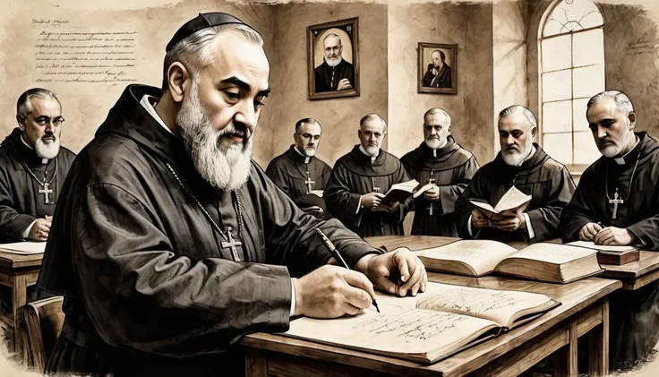 hand wrinting a book engraving Cinematic Tones: An image of Saint Padre Pio with a serene expression, writing down his thoughts, while in the background, other priests are seen arguing each other --ar 16:9 --style raw --s 250