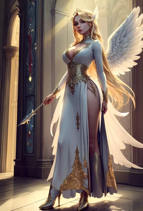 Arafed, a picture of a female angel in high society prom event, divine beautiful female angel, blond hair, long hair, flowing hair, the hair glows in a soft light, cerulean eyes, deep light eyes, divine beautiful face, folded white feather wings, she wears...