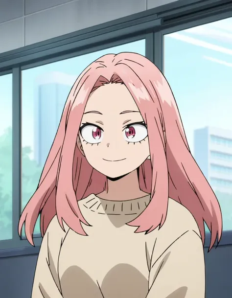 1girl, female focus, my hero academia screencap, boku no hero academia, pink hair, pink eyes, smiling, long hair, cute, wearing ...