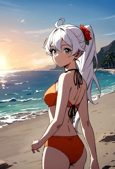 Kiana Kaslana is a character from the game, wearing a swimsuit at the beach 