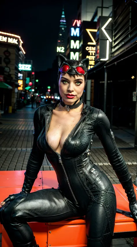 oman costume),catwoman2, (black hair),animal ears,boots,choker,cat ears, collar bell, (black latex bodysuit) ,goggles, neck bell black,(4nn3h-v2), (large breasts), (cleavage),(green eyes), (brown hair), (red lipstick), (eye mask), (newyork street alley), (...