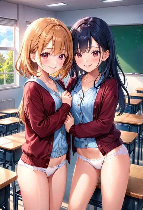 highest quality,masterpiece, ((2 girls:1.5)), (cardigan)、eight-headed body, Put your knees on your chest:1.5, (smile:1.5), ((high school student)), ((classroom:1.5)), blush:1.3, (White panties:1.5)
