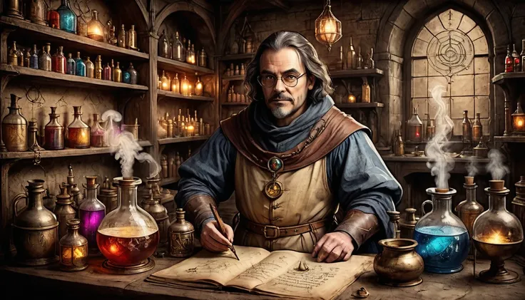 An image of a medieval alchemist in a dimly lit laboratory, surrounded by bubbling potions and ancient manuscripts, with mystical symbols etched on the walls. Aspect ratio 4:3, vintage style, sharpness 300.