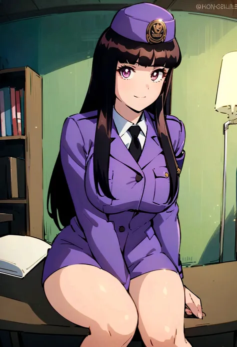 Black long hair female, wearing violet police uniform with a cap, has big beautiful eyes.