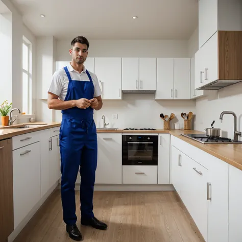 Man standing in kitchen, plumbers uniform, short hair, medium body, 