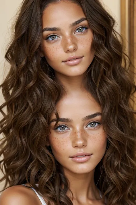 Young brunette woman with long curly hair, les yeux noir en amandes , very tanned skin color with freckles, the most realistic 