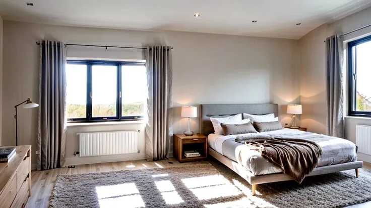 A minimalist bedroom with a soft color palette and natural light streaming in through the window