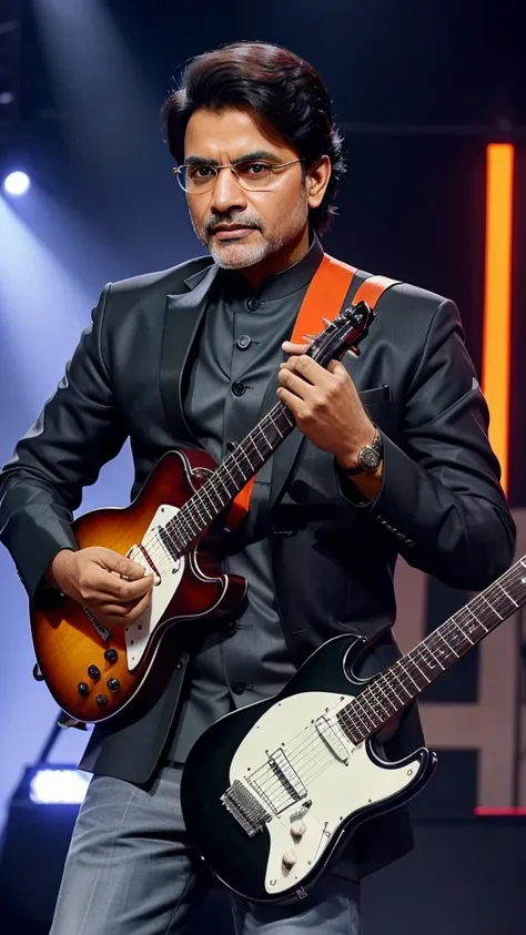 create a image 

"Narendra Modi mic pakad kar  gana ga rahe hain, unka pose bahut stylish hai. Background pure black hai aur image 9:16 ratio mein banaya gaya hai."ur unhone hath men guitar pakada