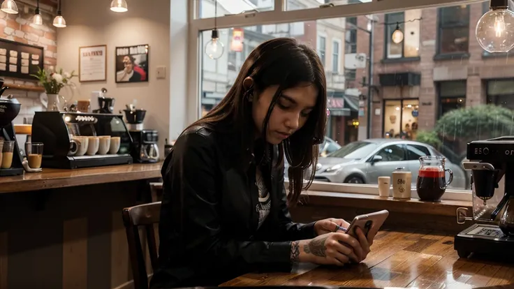 coffee shop interior, punk rock ginger girl barista focused on her iphone, looking down on her phone, interior, next to her theres a big window and its raininG. iT IS nighttime and the atmosphere is cozy lit and relaxing