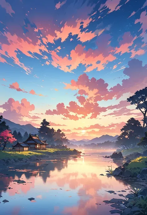 (Highest quality images, masterpiece), Detailed landscape, quiet湖 (Reflecting the vibrant evening sky),Color nuances,quiet.