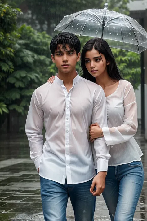 "A romantic scene where a boy and a girl walk hand-in-hand in heavy rain, completely soaked. The boy is wearing jeans and a white shirt, and the girl is in a traditional kurta. They gaze into each others eyes romantically, with raindrops falling all around...