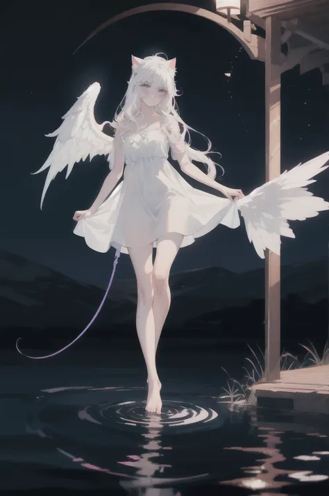 a beautiful girl with long wavy hair reaching her knees, white hair, detailed face with beautiful purple eyes and white eyelashes, red blushing cheeks, wearing a white dress, angel wings, standing barefoot on water against a dark night sky, dramatic moonli...