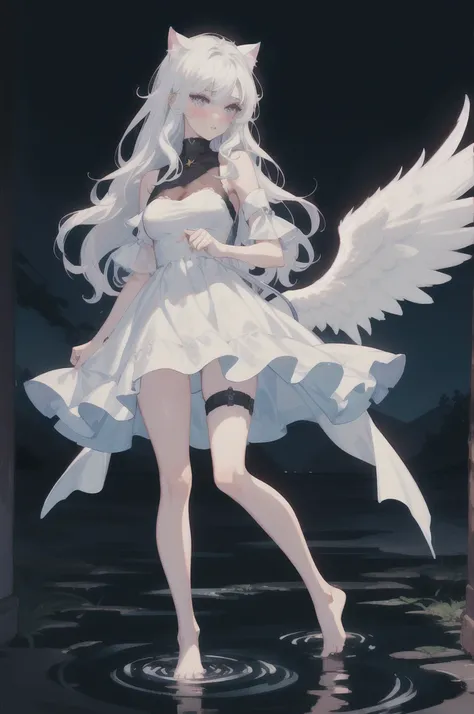 a beautiful girl with long wavy hair reaching her knees, white hair, detailed face with beautiful purple eyes and white eyelashes, red blushing cheeks, wearing a white dress, angel wings, standing barefoot on water against a dark night sky, dramatic moonli...