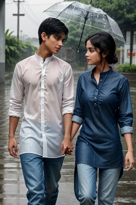 "A romantic scene where a boy and a girl walk hand-in-hand in heavy rain, completely soaked. The boy is wearing jeans and a shirt, and the girl is in a traditional kurta. They gaze into each others eyes romantically, with raindrops falling all around them,...