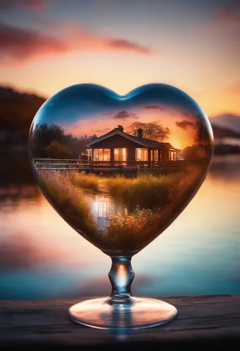 Double exposure of a glass heart, immersed in a soft and romantic atmosphere.  Use the double exposure technique to create a vivid, dynamic image.  Inside the glass heart, visualize a beautiful summer landscape with a picturesque summer bungalow in front o...