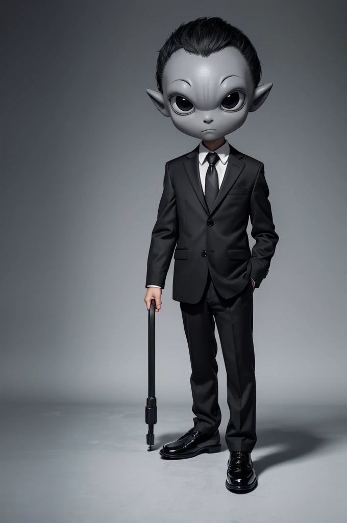 Small gray alien wearing a black business suit and black shoes, big head, big black eyes, very short, very skinny, as executive of a company