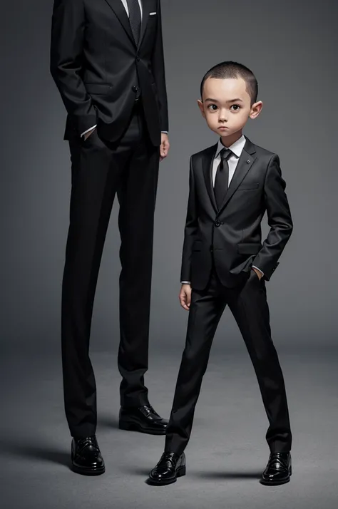 Small gray alien wearing a black business suit and black shoes, big head, big black eyes, very short, very skinny, as executive of a company