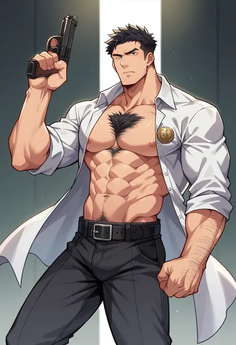 1 boy,Arm hair,仅have的,black,Open clothes,have,shirt,belt,cuff,Pants,badge,black belt,Black Hair,chest hair,Clenched hands,Shut up,have,Holding a gun,Looking at the audience,Male focus,Multiple boys,muscular,open shirt,Pants,Practical,shirt独自的,arms,，No hat