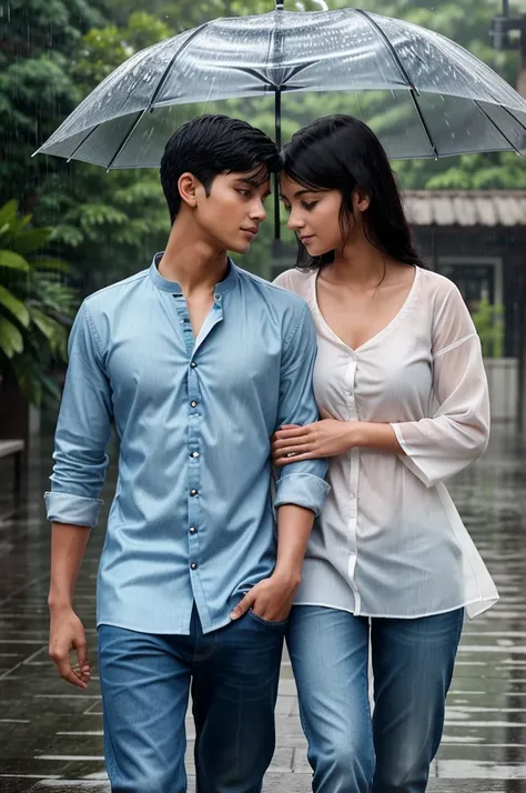 A romantic scene where a boy and a girl walk hand-in-hand in heavy rain, completely soaked. The boy is wearing jeans and a shirt, and the girl is in a traditional kurta. They gaze into each others eyes romantically, with raindrops falling all around them, ...