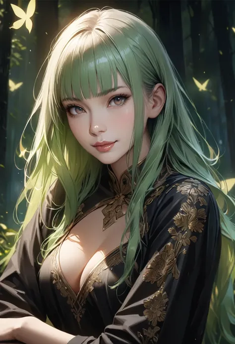 ((Highest quality)), ((masterpiece)), (detailed),8K、Very delicate、Cinema lighting、Depth of written boundary、Fine skin、(detailedな顔、Perfect Face、detailedな目:1.2)、One beautiful girl,Alone、Fairy、(Light green hair、Long Hair、Bangs)、smile、Attractive lips、(Black dr...