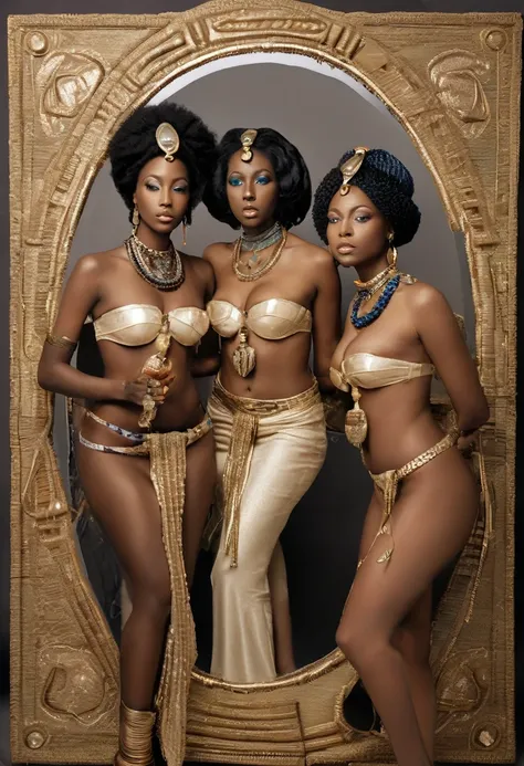 three nude women in egyptian costumes posing for a picture in a mirror, dark skin female goddess of love, !5 three eyed goddesses, kemetic, cinematic goddess shot, black african princess, cinematic goddess close shot, goddess portrait, epic 3 d oshun, godd...