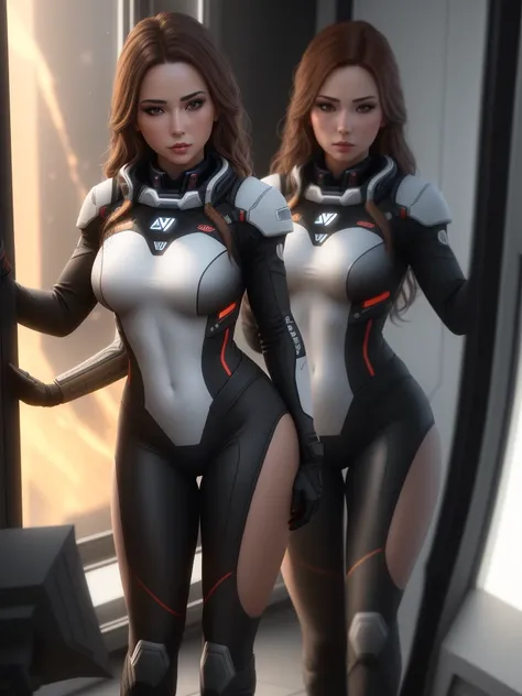 a woman in a black tight bunnysuit with yellow accents, brown hair, beautiful detailed gray eyes, square jawline, asymmetric face, standing in front of a window on a space ship, (best quality,8k,highres,masterpiece:1.2),ultra-detailed,(realistic,photoreali...