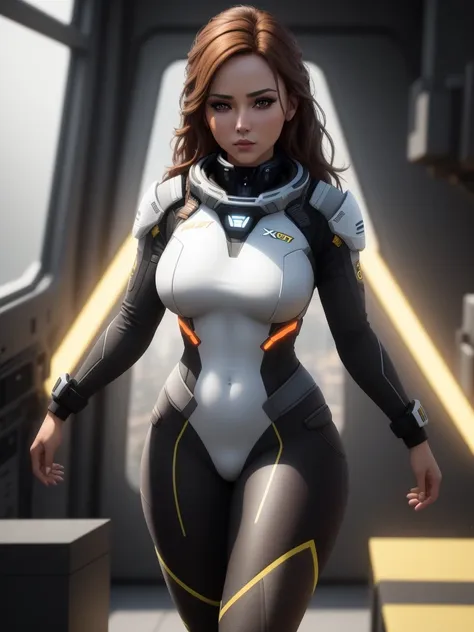 a woman in a black tight bunnysuit with yellow accents, brown hair, beautiful detailed gray eyes, square jawline, asymmetric face, standing in front of a window on a space ship, (best quality,8k,highres,masterpiece:1.2),ultra-detailed,(realistic,photoreali...