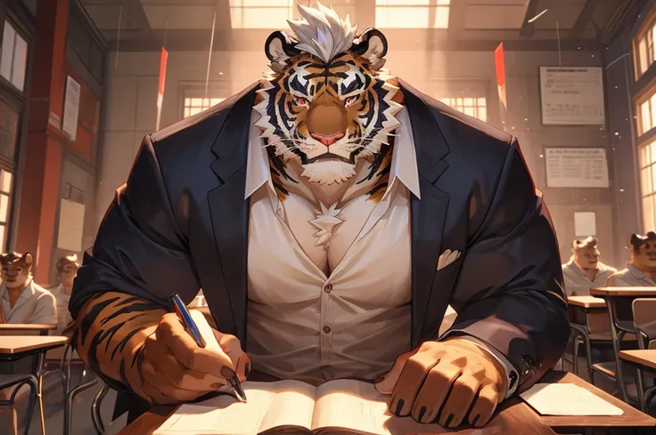 ((best quality)), ((masterpiece)), (detailed), perfect face, bara furry, tiger man, big body, pink skin, short quiff white hair, red eyes, perfect eyes, handsome, open shirt at school big dick, snfw