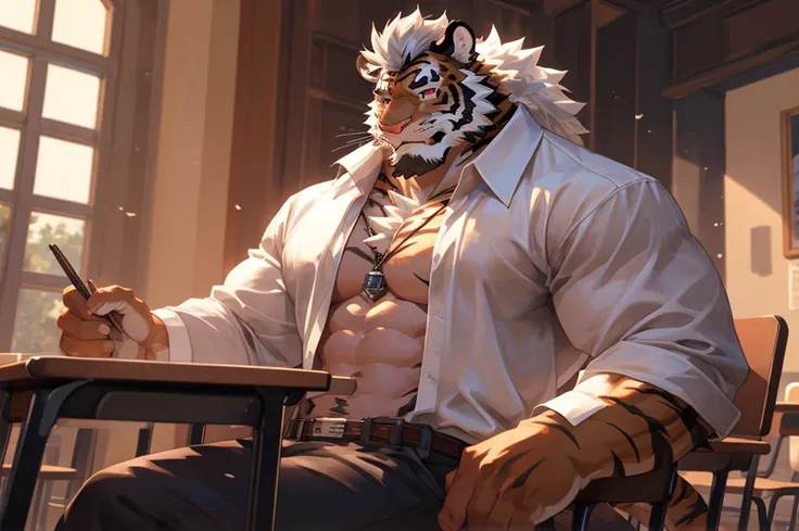 ((best quality)), ((masterpiece)), (detailed), perfect face, bara furry, tiger man, big body, pink skin, short quiff white hair, red eyes, perfect eyes, handsome, open shirt at school big dick, snfw