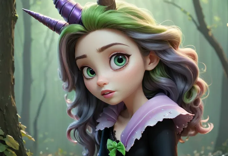 a wicked witch, ugly, cunning witch, girl with a unicorn horn, magic horn on a beautiful girl's head, pixar style, (best quality...