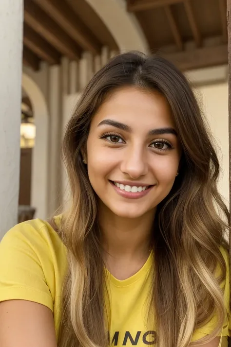 24YO, small nose, one attractive Jordanian women, Bright Yellow shirt, cute smile, cute face, white teethes, skinny face, light brown eyes, black/blonde long hair