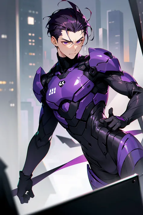 1male, Young Adult, Dark Violet Hair, Short Hair, Slight Smile, Standing In City, Detailed background, Black and White Combat Suit, Sharp Eyes, Purple Eyes, Slicked Back Hair