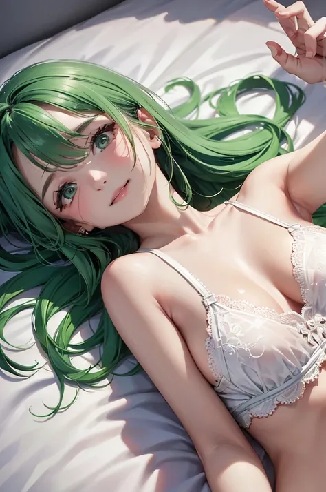 (Best Quality,High resolution,8k,finelity detailed background,Masterpiece:1.2),beautiful girl,Shiny green hair,messy hair,Green Eyes,Gentle look,A refreshing look,Best quality,Best Quality,Aesthetic and aesthetic:1.2,Best details((Super detailed))(High-def...