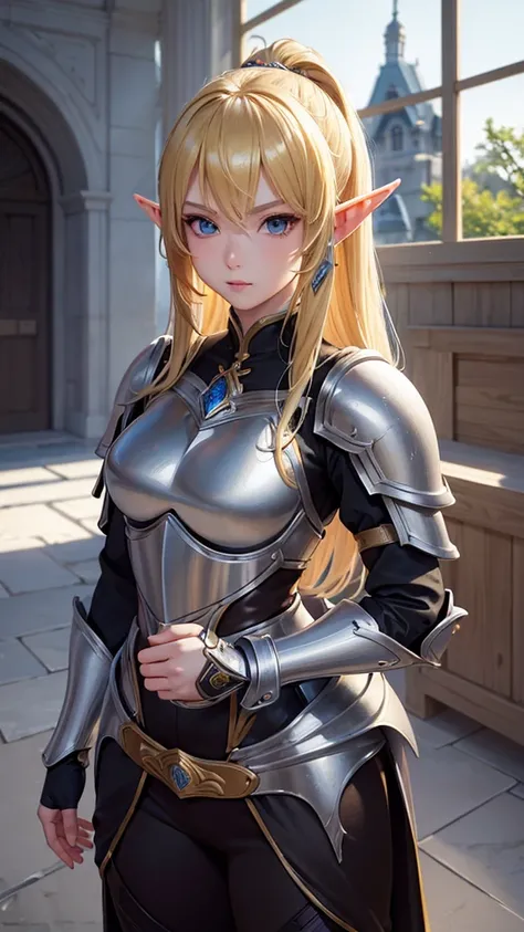 ((masterpiece, best quality)), manga style, elf warrior in armor, blond hair, elf ears, hands behind back, best qualityer，8K， masterpiece, high resolution,1girl, two tone lighting, (high detail skin：1.2), beautiful face, gentle illumination,