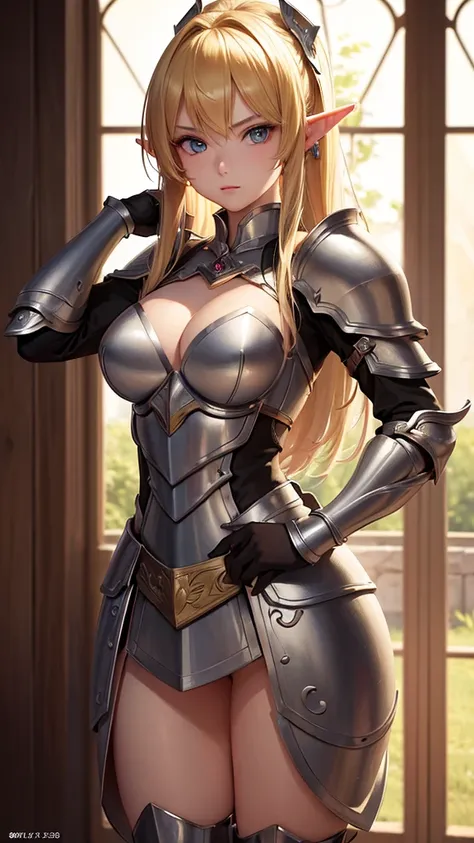 ((masterpiece, best quality)), manga style, elf warrior in armor, blond hair, elf ears, hands behind back, best qualityer，8K， masterpiece, high resolution,1girl, two tone lighting, (high detail skin：1.2), beautiful face, gentle illumination,