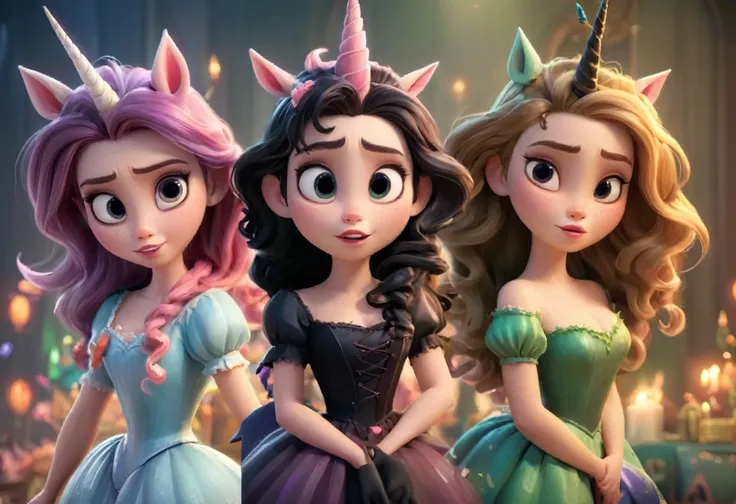 Two characters in the picture,two looks,two types.1: Wicked witch,sorceress,ugly,cunning,gloomy,dark clothes. 2: Girl with unicorn horn, magic horn on the head of a beautiful girl, Pixar ((unicorn girl)).