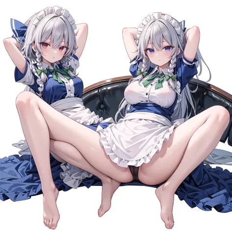 (best quality), (very aesthetic), (ultra-detailed), (best (best quality), (very aesthetic), (ultra-detailed), (best illustration),(((one women))),(((izayoi sakuya))),(touhou), red eyes, maid, medium hair, twin braids, grey hair, maid headdress, blue dress,...