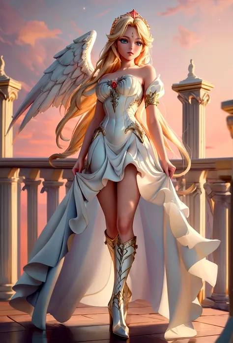 arafed, a picture of a female angel in high society prom event, divine beautiful female angel, blond hair, long hair, flowing ha...