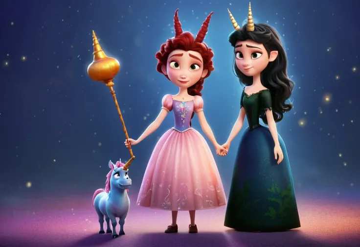 Two characters in the picture,two looks,two types.1: Wicked witch,sorceress,ugly,cunning,gloomy,dark clothes. 2: Girl with unicorn horn, magic horn on the head of a beautiful girl, Pixar ((unicorn girl)).