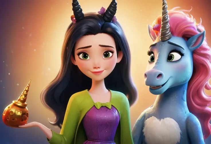 Two characters in the picture,two looks,two types.1: Wicked witch,sorceress,ugly,cunning,gloomy,dark clothes. 2: Girl with unicorn horn, magic horn on the head of a beautiful girl, Pixar ((unicorn girl)).