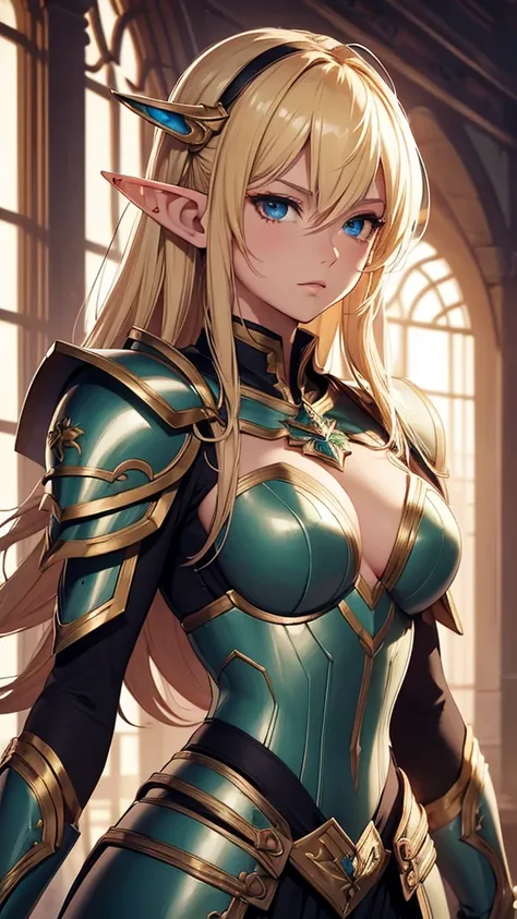 ((masterpiece, best quality)), manga style, elf warrior in armor, blond hair, elf ears, hands behind back, best qualityer，8K， masterpiece, high resolution,1girl, two tone lighting, (high detail skin：1.2), beautiful face, gentle illumination,