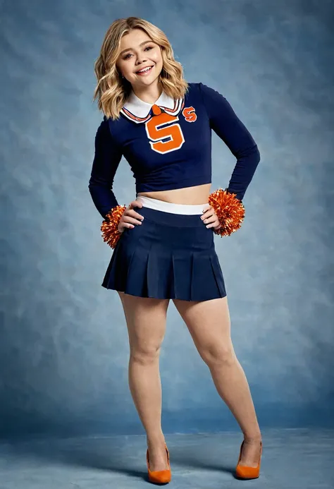 Full length portrait Chloe Moretz University of Syracuse cheerleader uniform sheer tan pantyhose navy blue high heels holding pompoms cheering in a studio photo shoot 