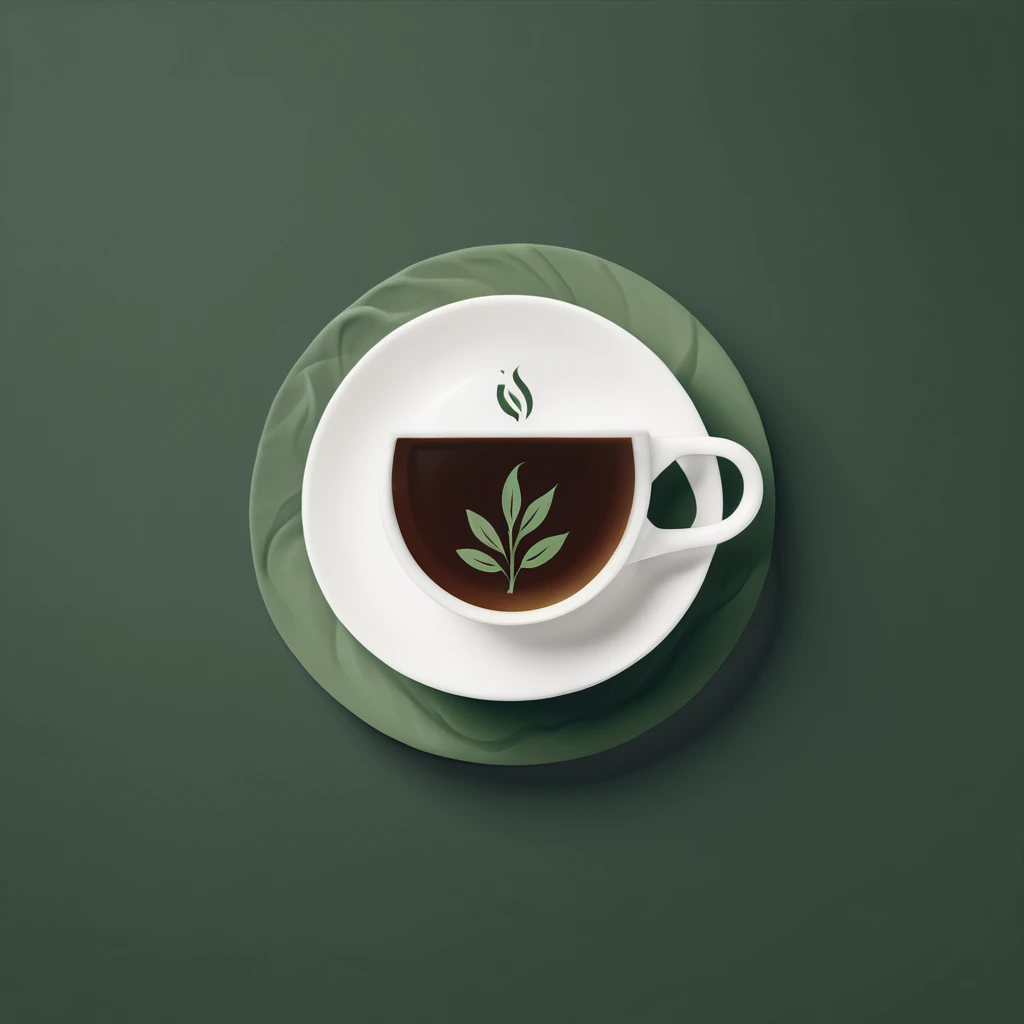 Generate a minimalist logo that features a top view of a coffee cup with a tea leaf in the center, positioned against a stylized mountain range. Keep the background white and use earthy greens for the leaf, warm browns for the mountains, and a dark coffee ...