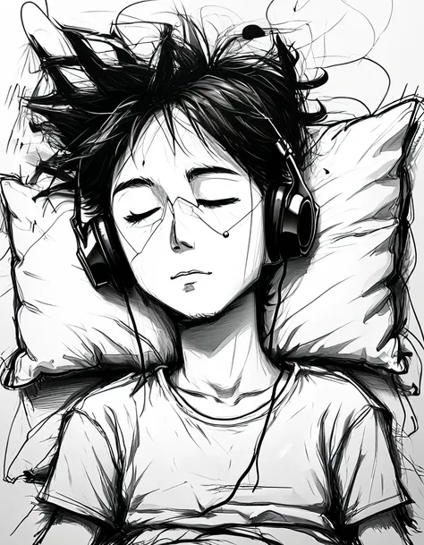 a broken heart boy lying on the bed listening music wearing headphones, line art anime art, sketch art