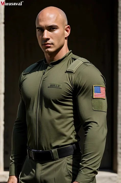 ((best quality)), ((masterpiece)), (detailed), realistic face real bald muscular male upper body wear soldier suit by green wall