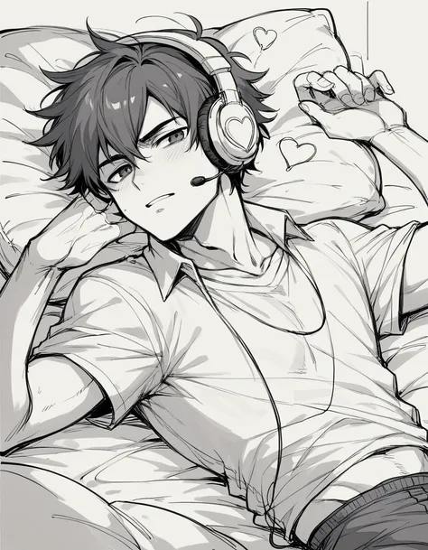 a broken heart boy lying on the bed listening music wearing headphones, line art anime art, sketch art