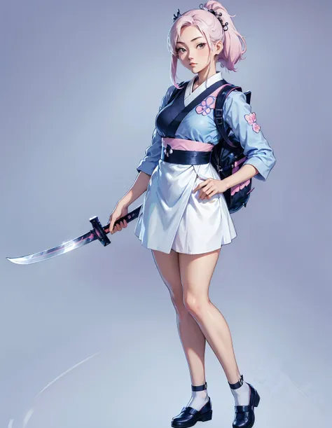 japenese manga style, cute girl, Japanese maid uniform, holding samurai sword, backpack on her back, full body shot, concept art, pastel simple background, --ar 3:4 --stylize 600 --niji 6
