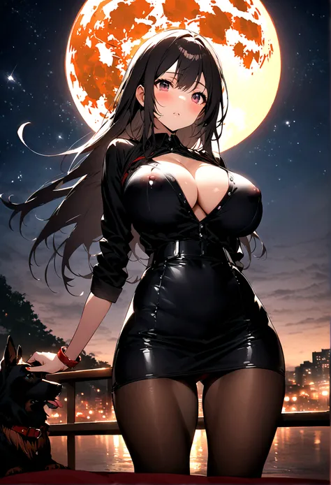 Dog 1、Woman 1、Red miniature dachshund、Red miniature dachshund long hair、dog&#39;color is red、woman with very long black hair、Spectacular views、Night Scene、The view from the top of the hill、Full moon night sky、swirling starry sky、８K、Best Quality、詳しいdogの顔、Th...