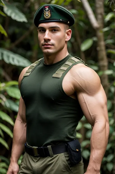 ((best quality)), ((masterpiece)), (detailed), realistic face real bald muscular male upper body wear soldier suit and green beret on jungle