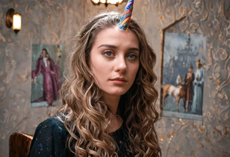 beautiful girl with unicorn horn,magical horn on head,fantasy,surreal,whimsical,intricate details,porcelain skin,long flowing hair,dreamy expression,soft lighting,vibrant colors,cinematic composition,highly detailed,(best quality,4k,8k,highres,masterpiece:...